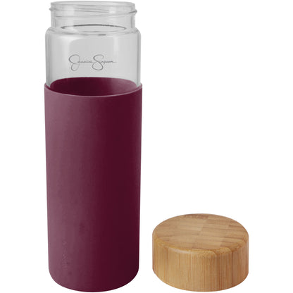 Jessica Simpson 16oz Glass Water Bottle with Bamboo Lid and Non Slip Grip, Magenta - Magenta