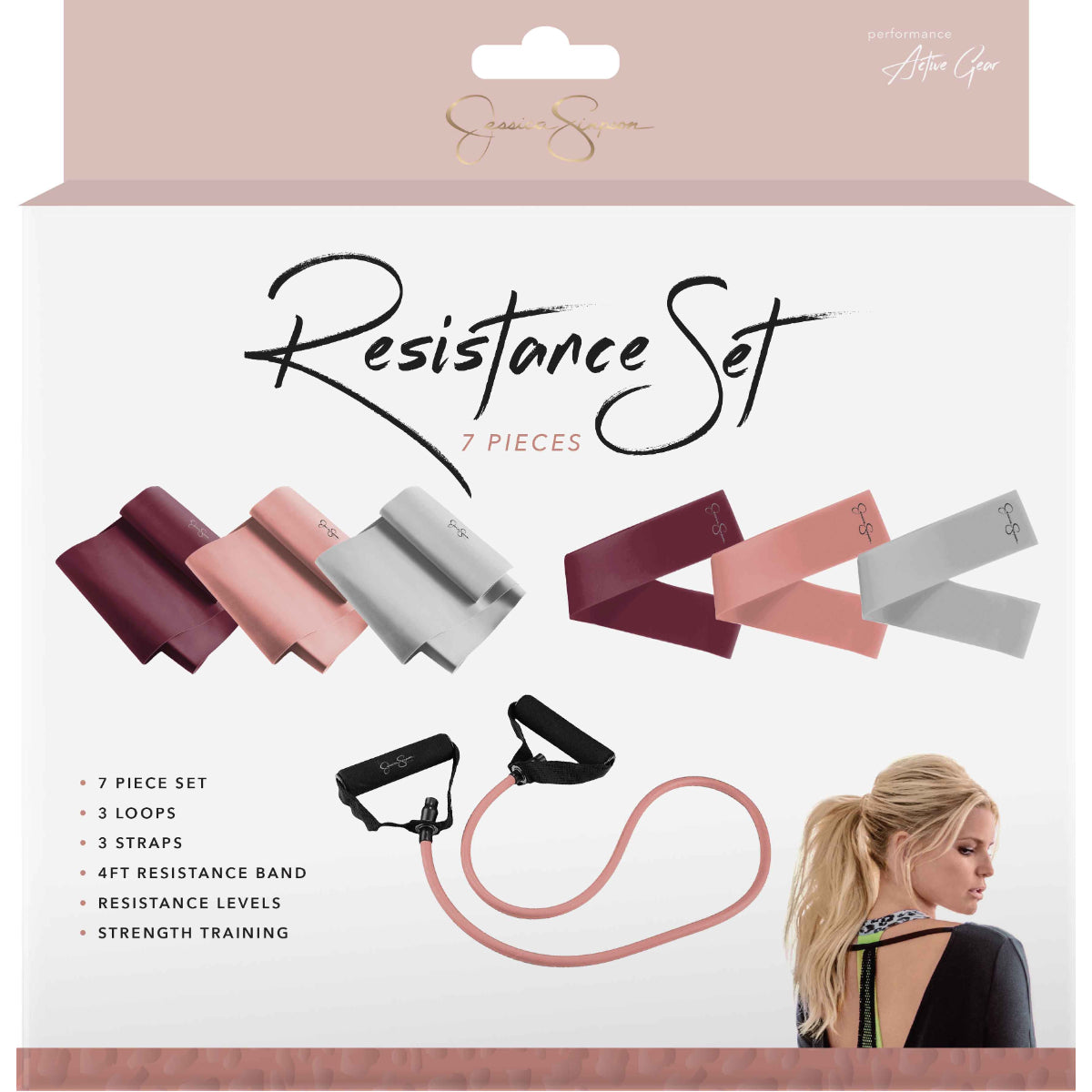 Jessica Simpson 7 Piece Resistance Band Kit, Rose - Rose