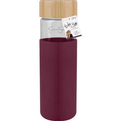 Jessica Simpson 16oz Glass Water Bottle with Bamboo Lid and Non Slip Grip, Magenta - Magenta