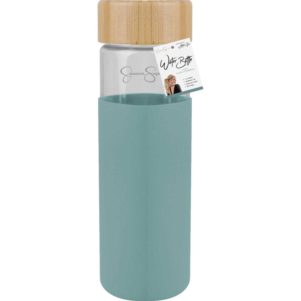 Jessica Simpson 16oz Glass Water Bottle with Bamboo Lid and Non Slip Grip, Porcelain - Porcelain