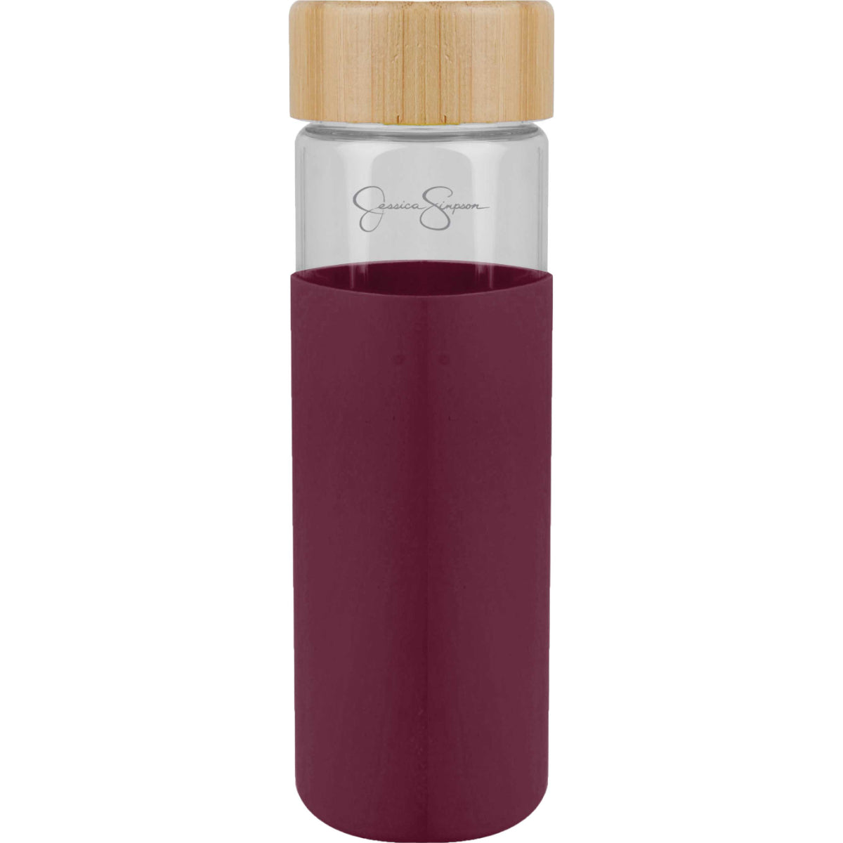 Jessica Simpson 16oz Glass Water Bottle with Bamboo Lid and Non Slip Grip, Magenta - Magenta