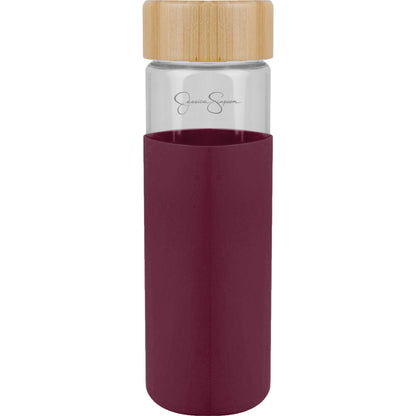 Jessica Simpson 16oz Glass Water Bottle with Bamboo Lid and Non Slip Grip, Magenta - Magenta