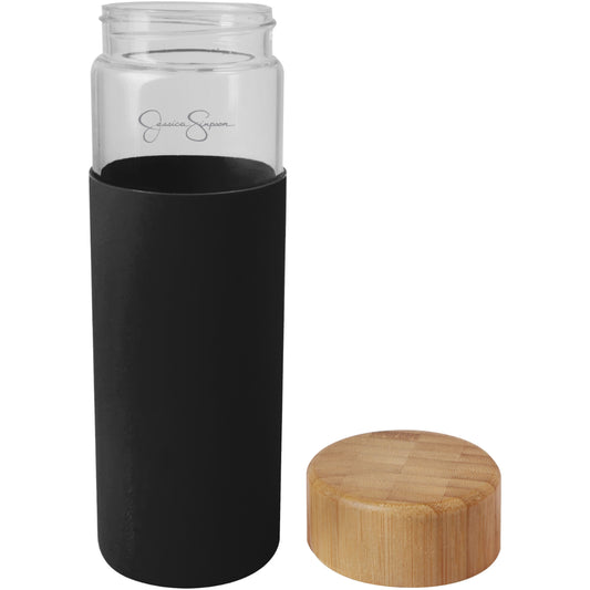 Jessica Simpson 16oz Glass Water Bottle with Bamboo Lid and Non Slip Grip, Black - Black