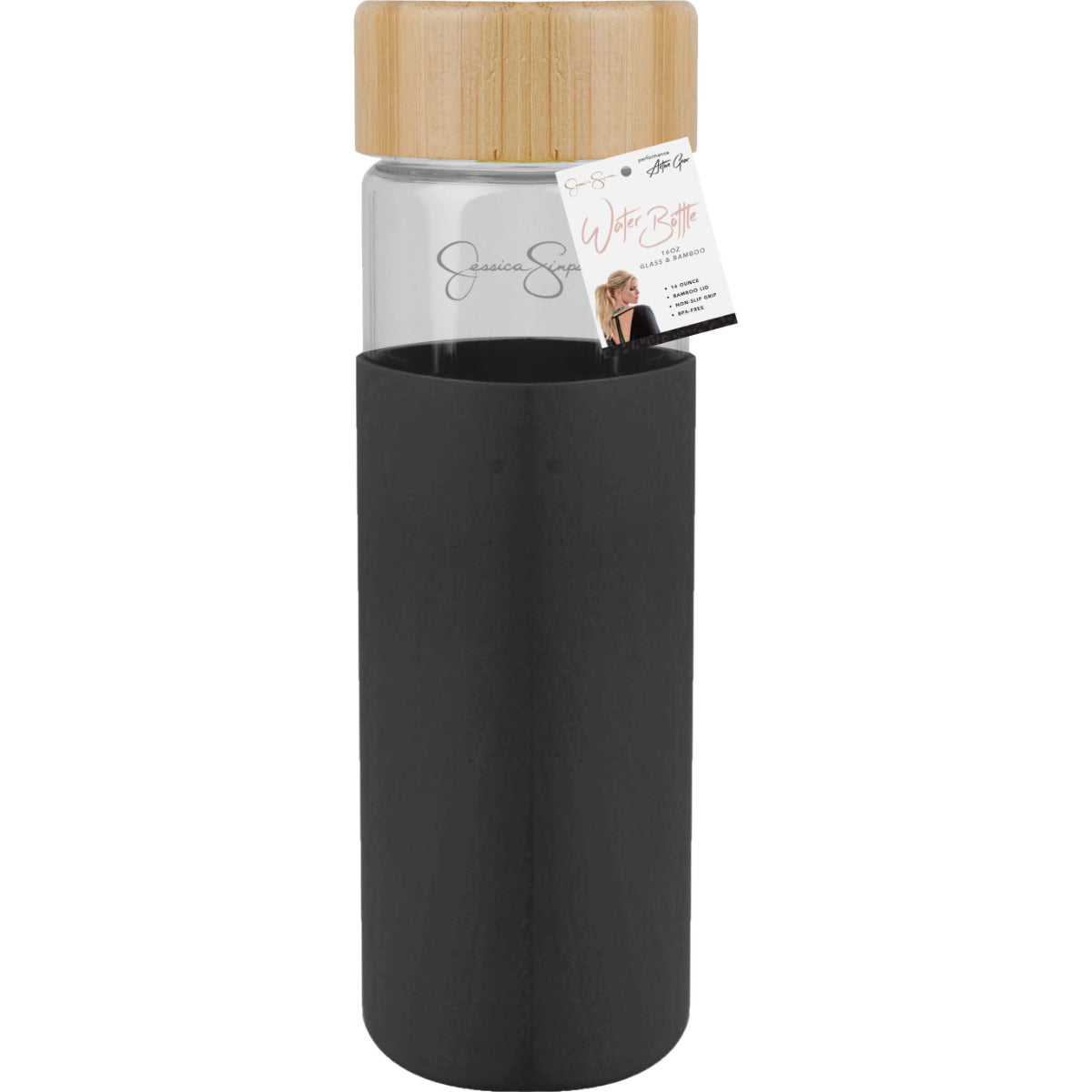 Jessica Simpson 16oz Glass Water Bottle with Bamboo Lid and Non Slip Grip, Black - Black