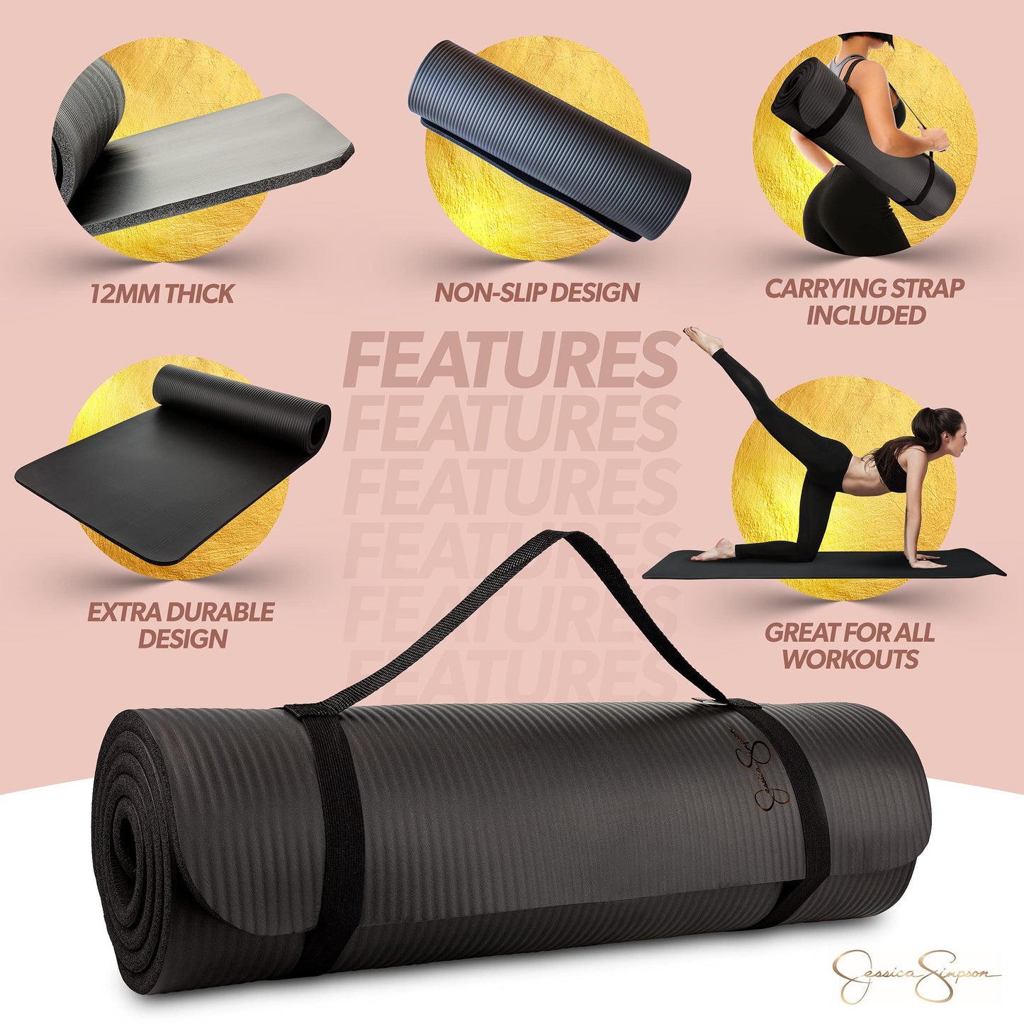 Jessica Simpson Extra Thick Fitness Yoga Mat with Carrying Strap